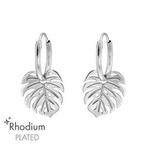 Rhodium Dangle Hoop Monstera Earrings